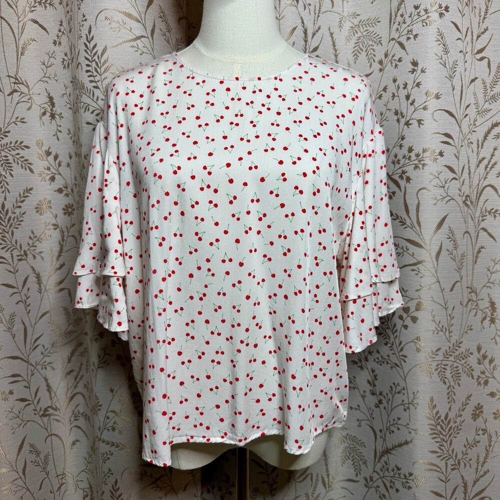 POPSUGAR Cherry Print Flutter Sleeve Blouse Women L Colettecore Retro Pinup